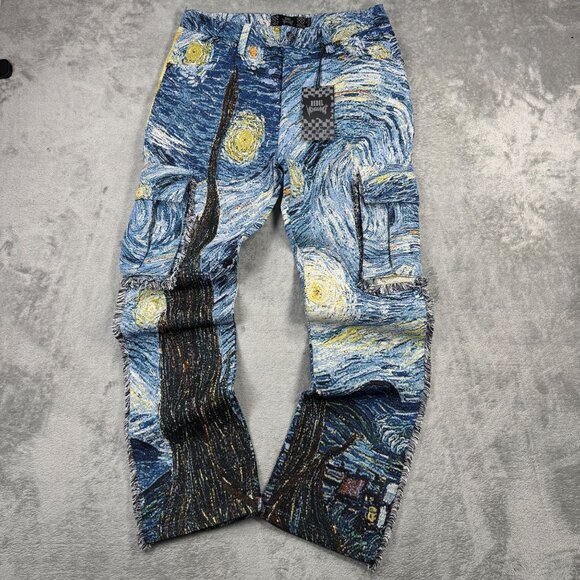 NWT Rebel Vengeance Tapestry Cargo Jeans Mens Starry Night Van Gogh Streetwear - Picture 1 of 8